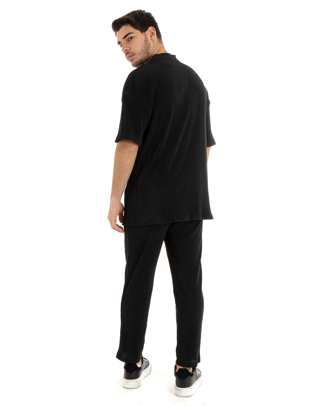 Completo Set Coordinato Uomo Viscosa Plissè T-Shirt Pantaloni Outfit Nero GIOSAL-OU2285A