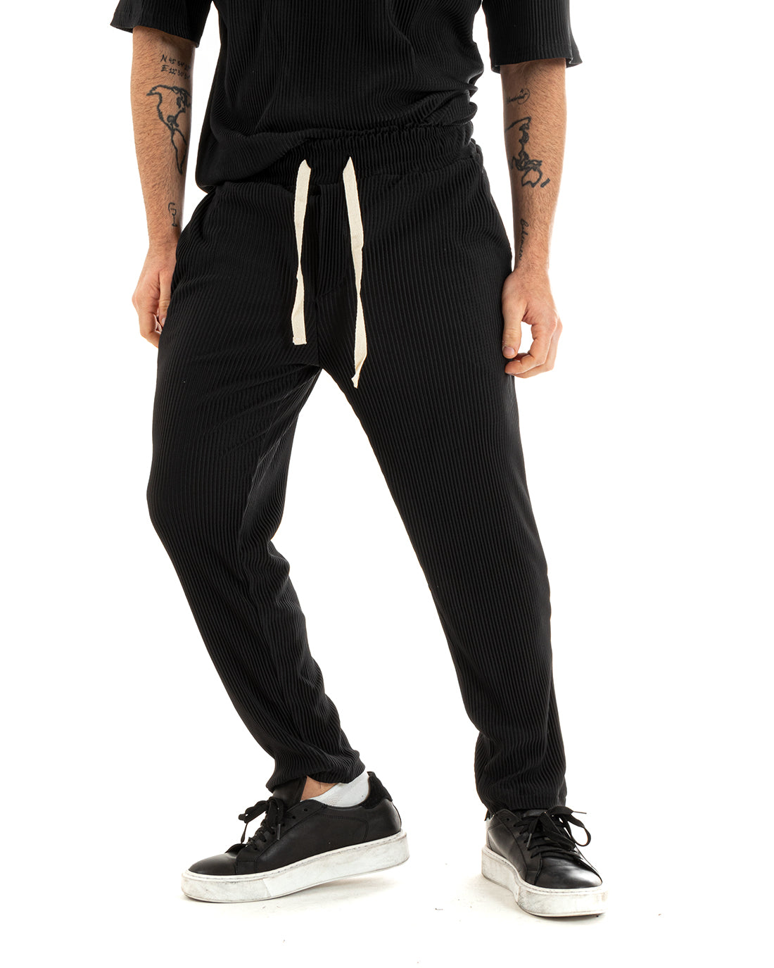 Completo Set Coordinato Uomo Viscosa Plissè T-Shirt Pantaloni Outfit Nero GIOSAL-OU2285A