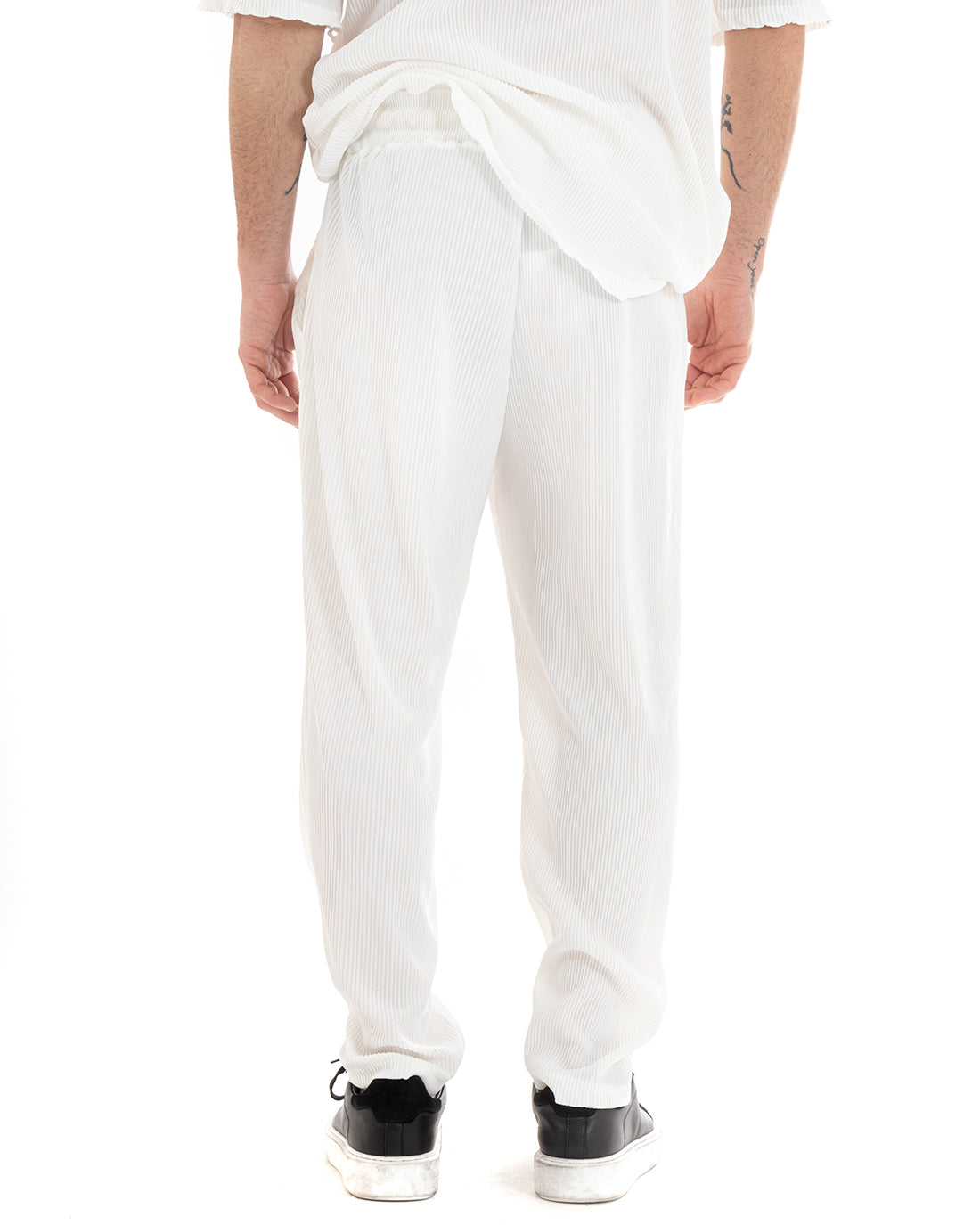 Completo Set Coordinato Uomo Viscosa Plissè T-Shirt Pantaloni Outfit Bianco GIOSAL-OU2286A