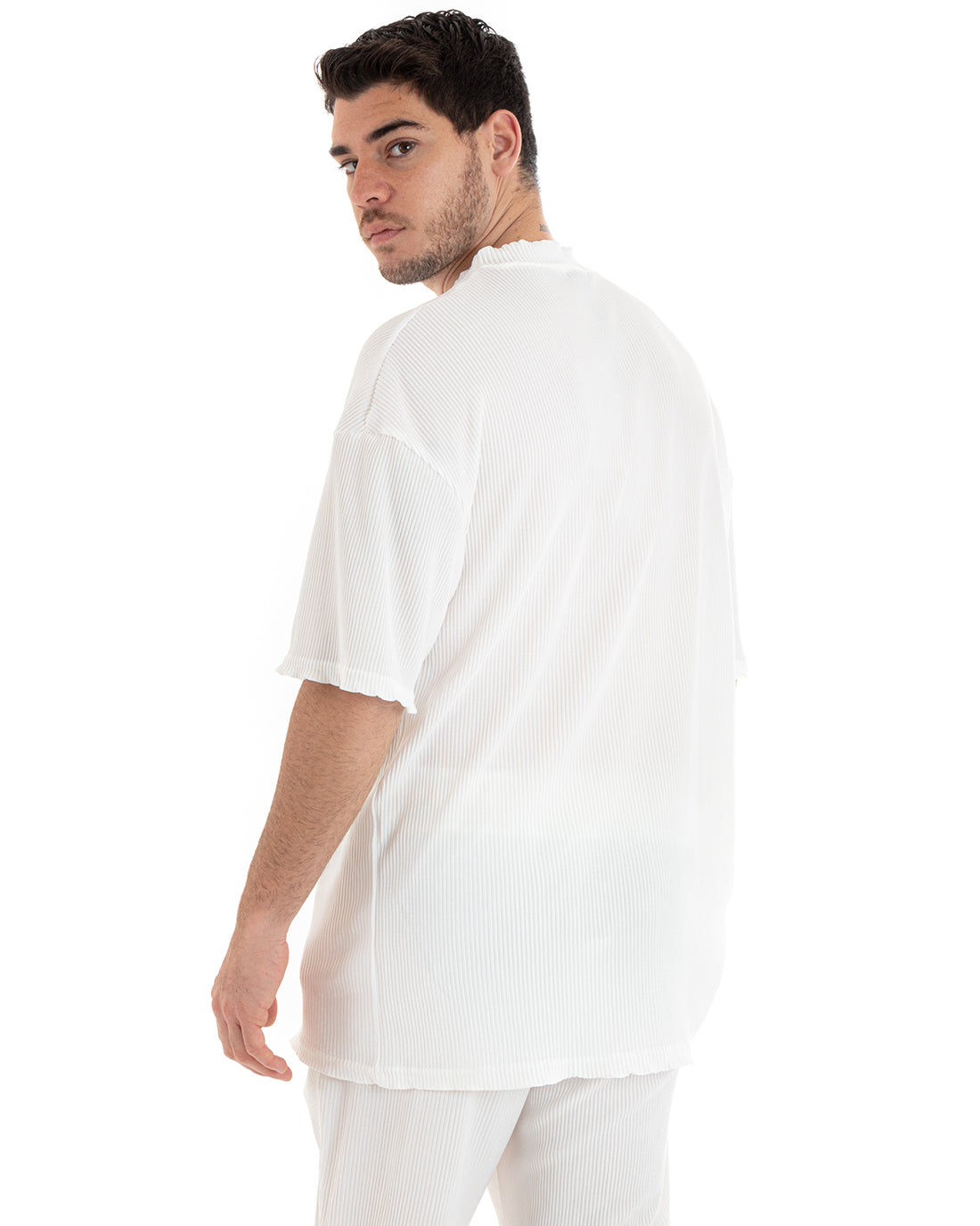 Completo Set Coordinato Uomo Viscosa Plissè T-Shirt Pantaloni Outfit Bianco GIOSAL-OU2286A