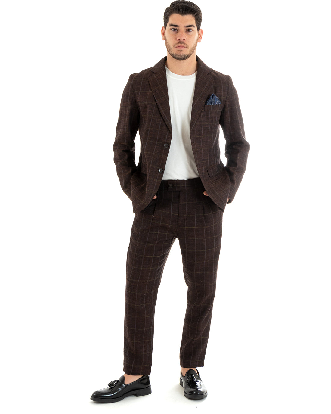 Abito Uomo Monopetto Completo Lino Marrone A Quadri Sartoriale Giacca Pantaloni Elegante Casual GIOSAL-OU2291A