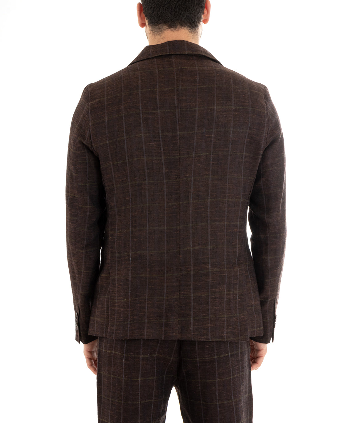 Abito Uomo Monopetto Completo Lino Marrone A Quadri Sartoriale Giacca Pantaloni Elegante Casual GIOSAL-OU2291A