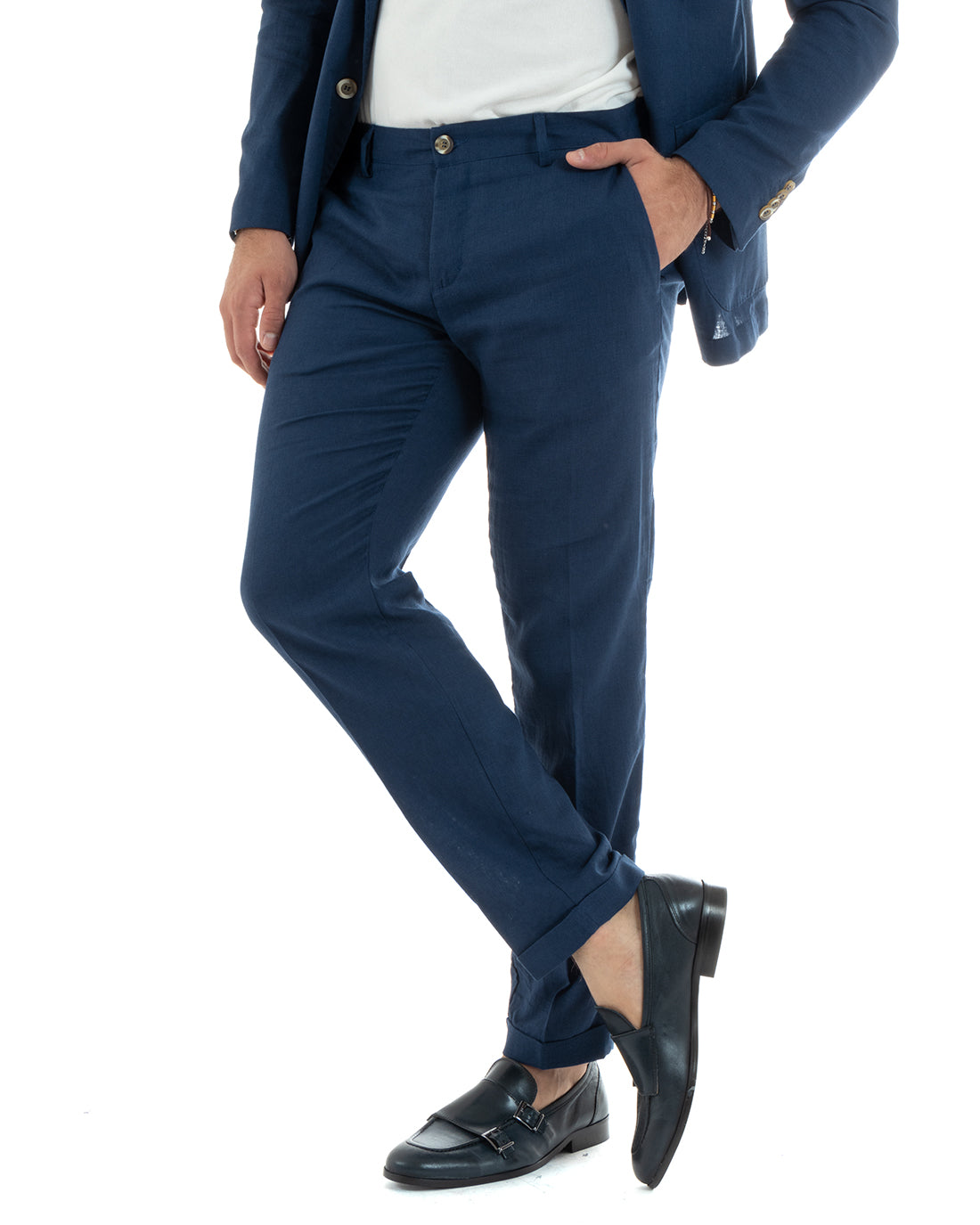 Abito Uomo Monopetto Vestito Lino Completo Giacca Pantaloni Blu Sportivo Elegante Cerimonia GIOSAL-OU2300A