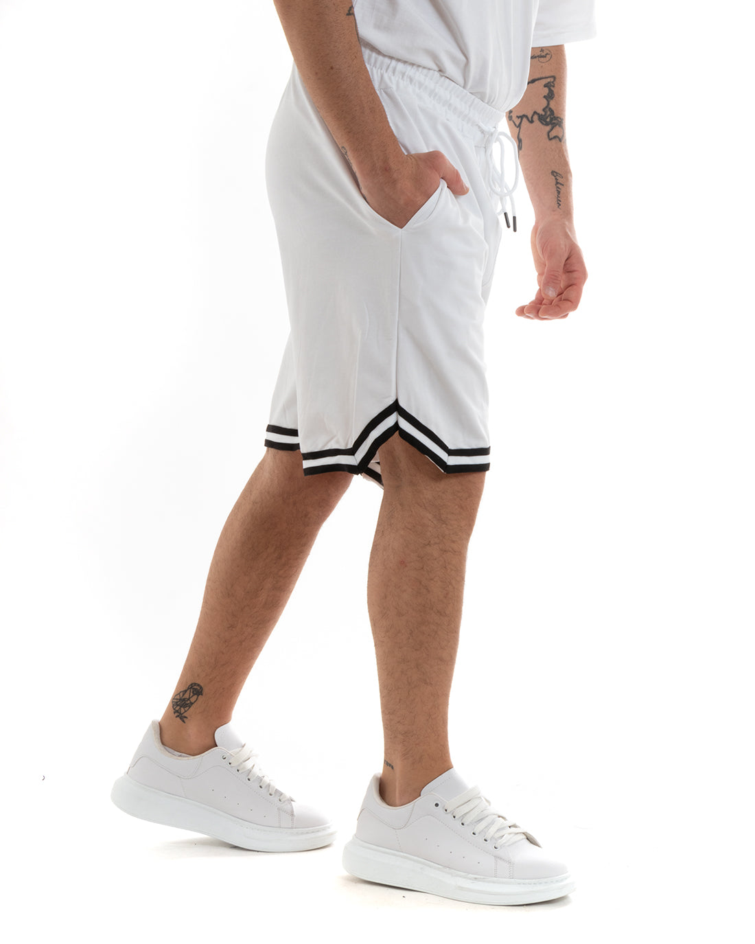 Completo Set Coordinato Uomo Cotone Viscosa T-Shirt Bermuda Outfit Bianco GIOSAL-OU2310A