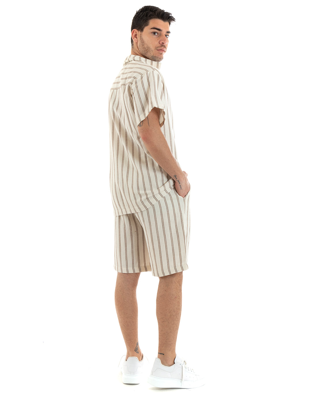 Completo Set Coordinato Uomo Cotone Camicia Con Colletto Bermuda Outfit Beige GIOSAL-OU2320A
