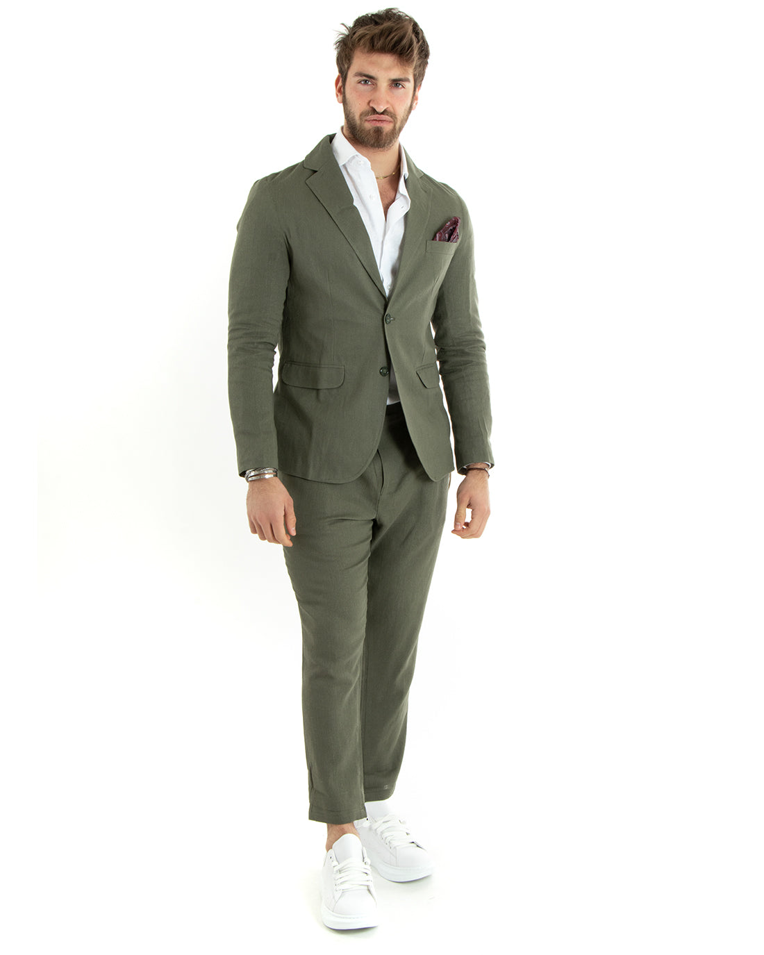 Abito Uomo Monopetto Completo Lino Sartoriale Giacca Pantaloni Tinta Unita Verde GIOSAL-OU2323A