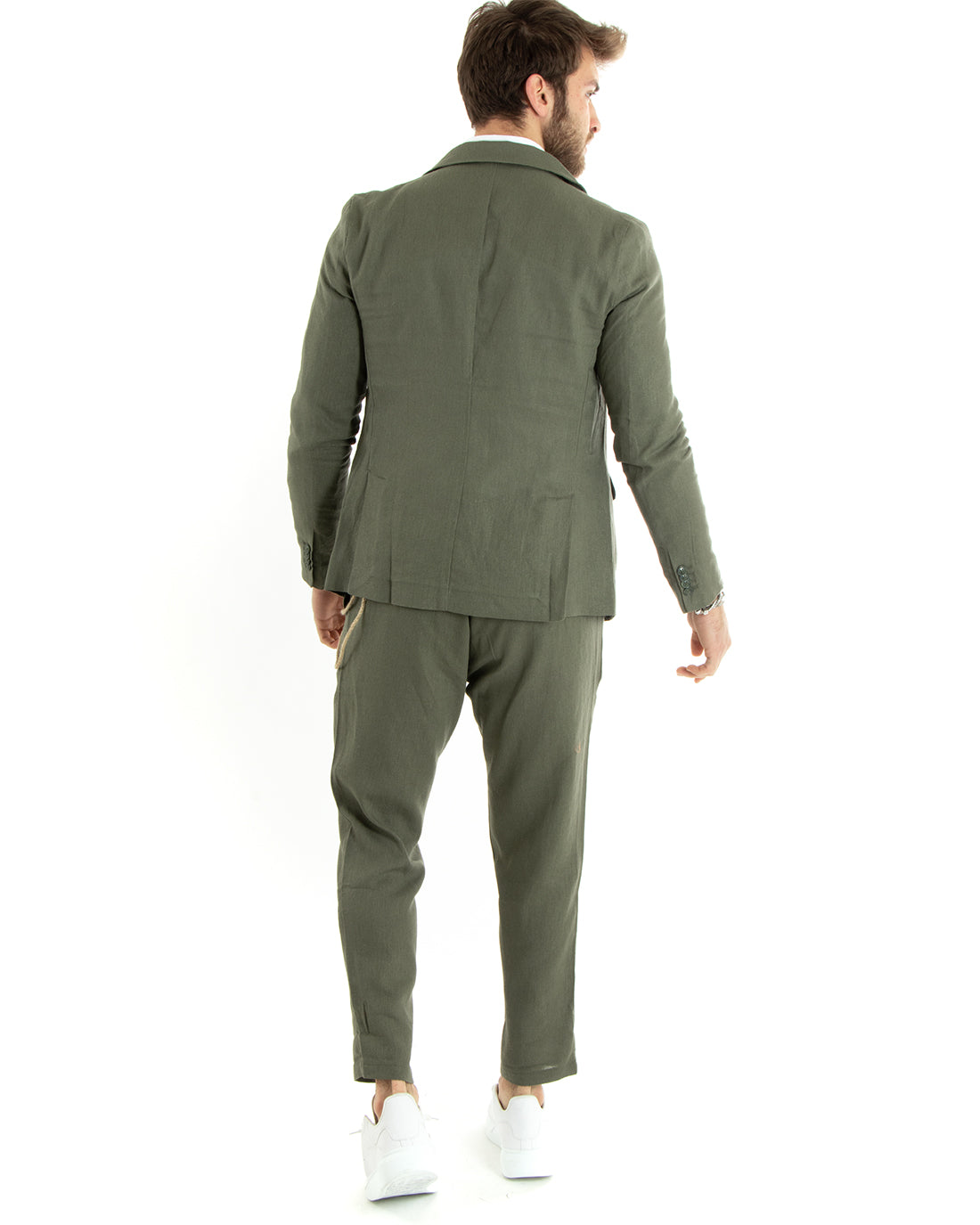 Abito Uomo Monopetto Completo Lino Sartoriale Giacca Pantaloni Tinta Unita Verde GIOSAL-OU2323A