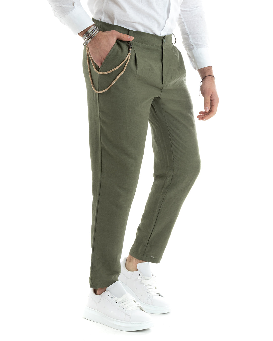 Abito Uomo Monopetto Completo Lino Sartoriale Giacca Pantaloni Tinta Unita Verde GIOSAL-OU2323A