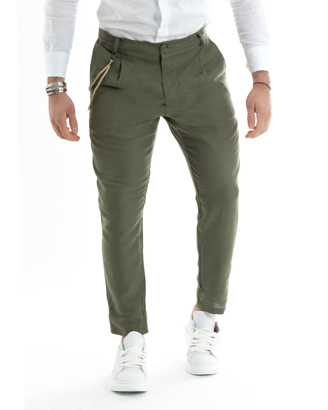 Abito Uomo Monopetto Completo Lino Sartoriale Giacca Pantaloni Tinta Unita Verde GIOSAL-OU2323A