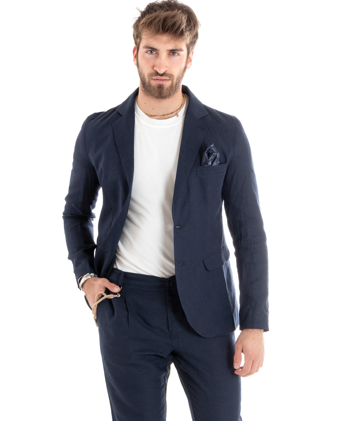 Abito Uomo Monopetto Completo Lino Sartoriale Giacca Pantaloni Tinta Unita Blu GIOSAL-OU2324A