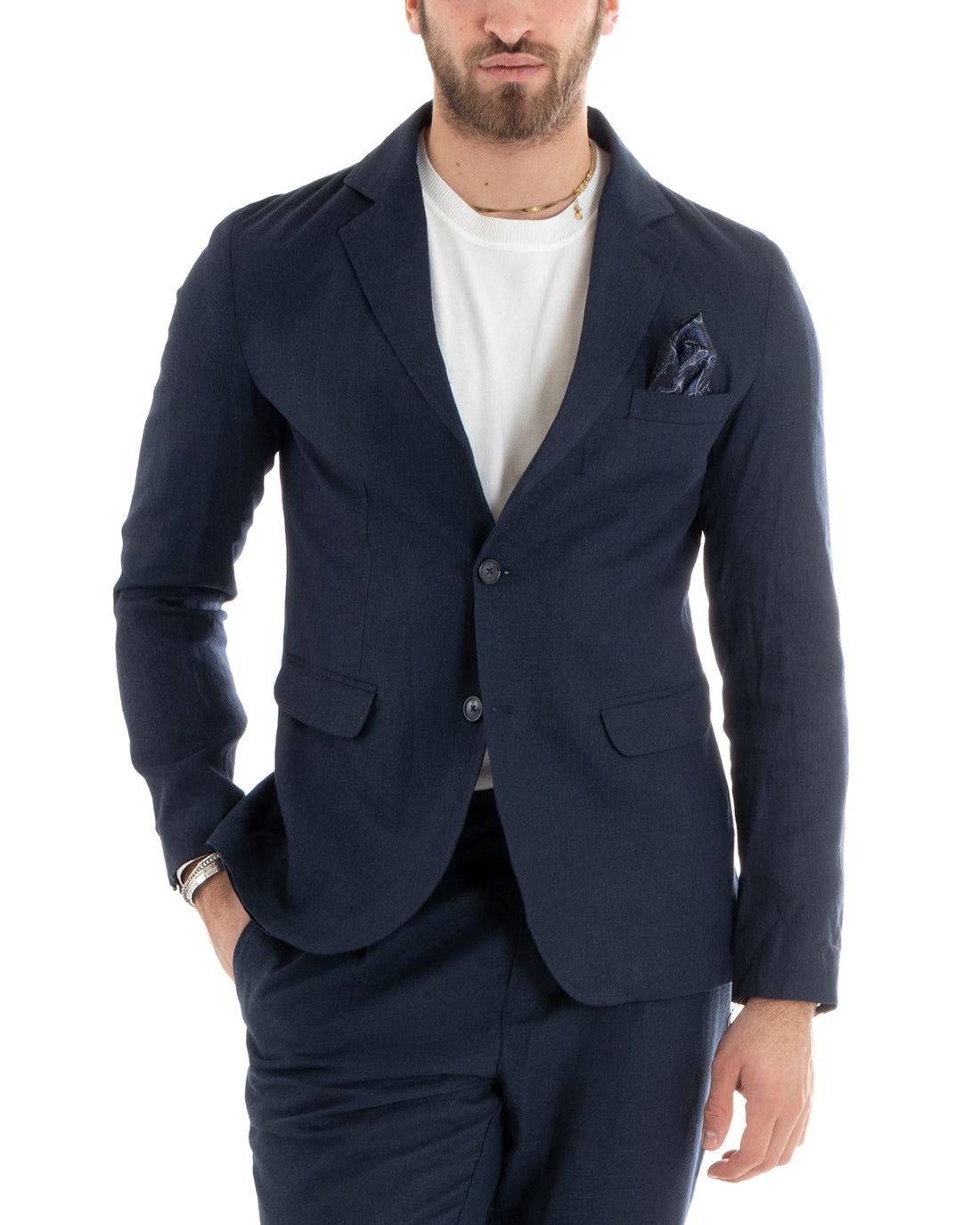 Abito Uomo Monopetto Completo Lino Sartoriale Giacca Pantaloni Tinta Unita Blu GIOSAL-OU2324A