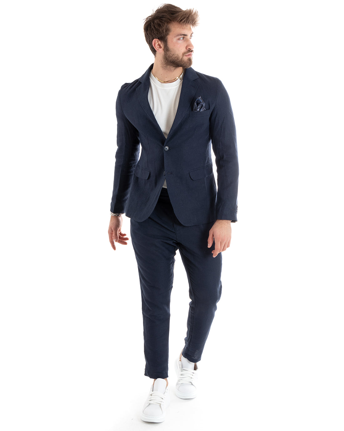 Abito Uomo Monopetto Completo Lino Sartoriale Giacca Pantaloni Tinta Unita Blu GIOSAL-OU2324A