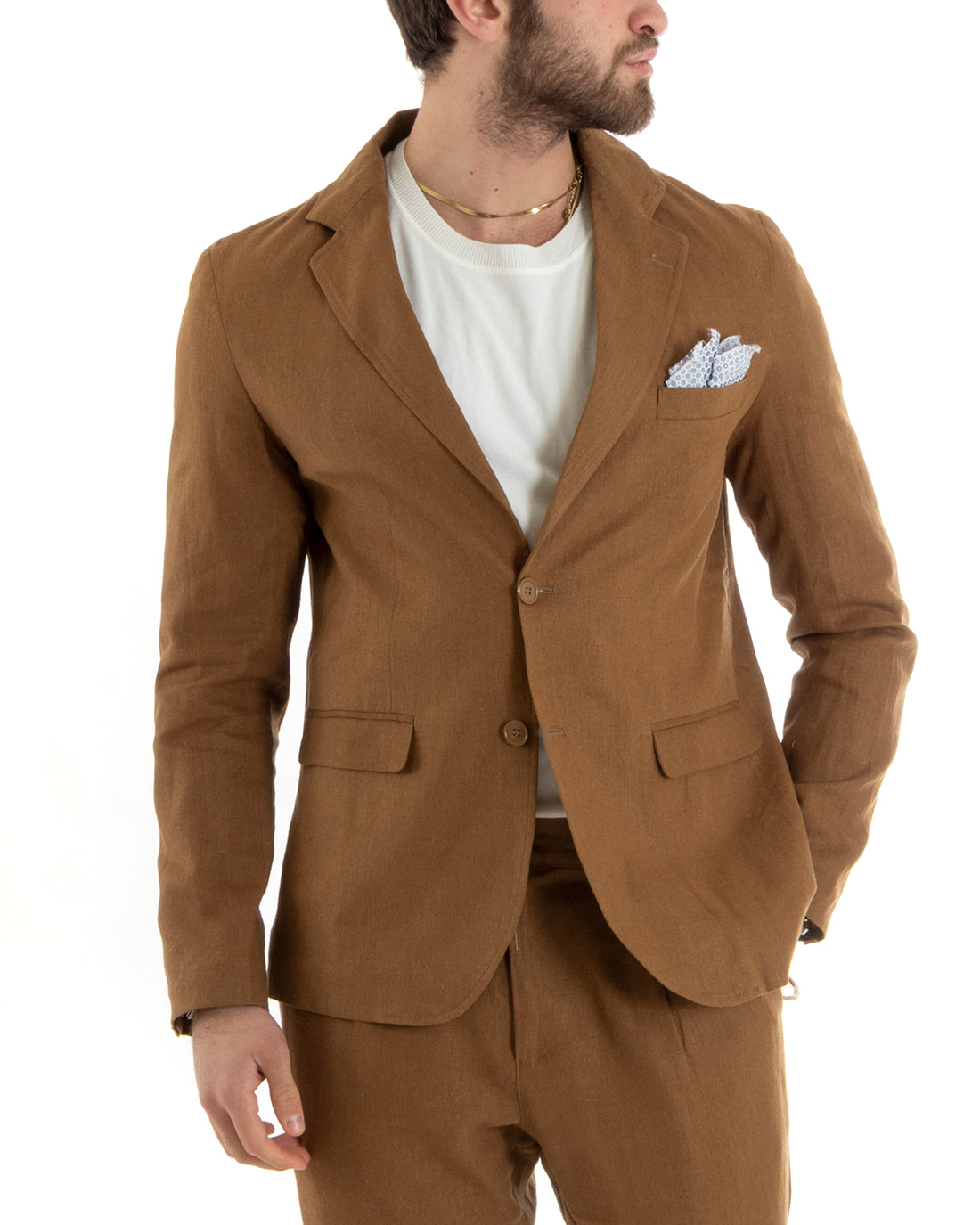 Abito Uomo Monopetto Completo Lino Sartoriale Giacca Pantaloni Camel GIOSAL-OU2327A