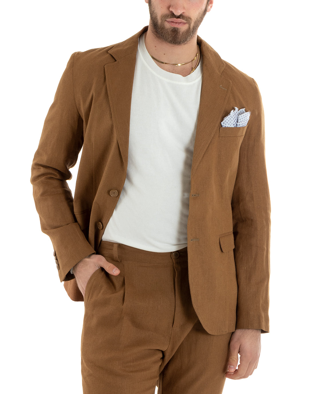 Abito Uomo Monopetto Completo Lino Sartoriale Giacca Pantaloni Camel GIOSAL-OU2327A