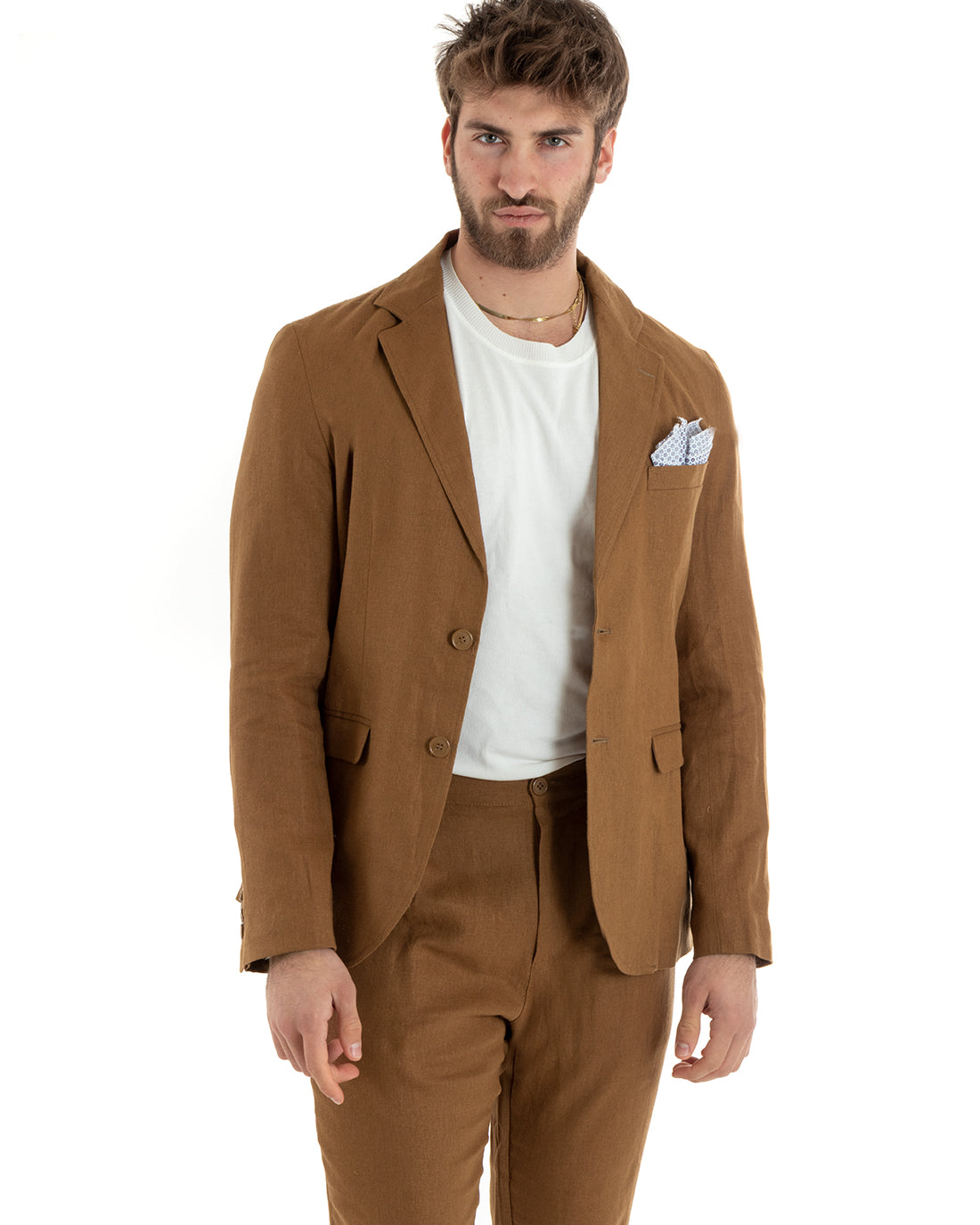 Abito Uomo Monopetto Completo Lino Sartoriale Giacca Pantaloni Camel GIOSAL-OU2327A