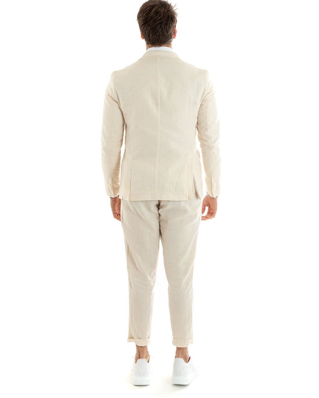 Abito Uomo Doppiopetto Completo Sartoriale Lino Giacca Pantaloni Tinta Unita Beige GIOSAL-OU2329A