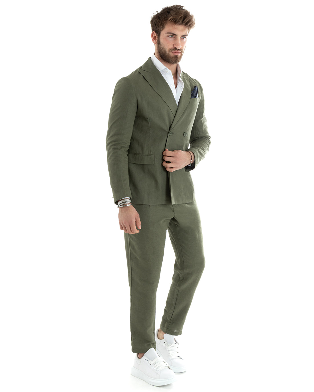 Abito Uomo Doppiopetto Completo Lino Sartoriale Giacca Pantaloni Tinta Unita Verde GIOSAL-OU2330A