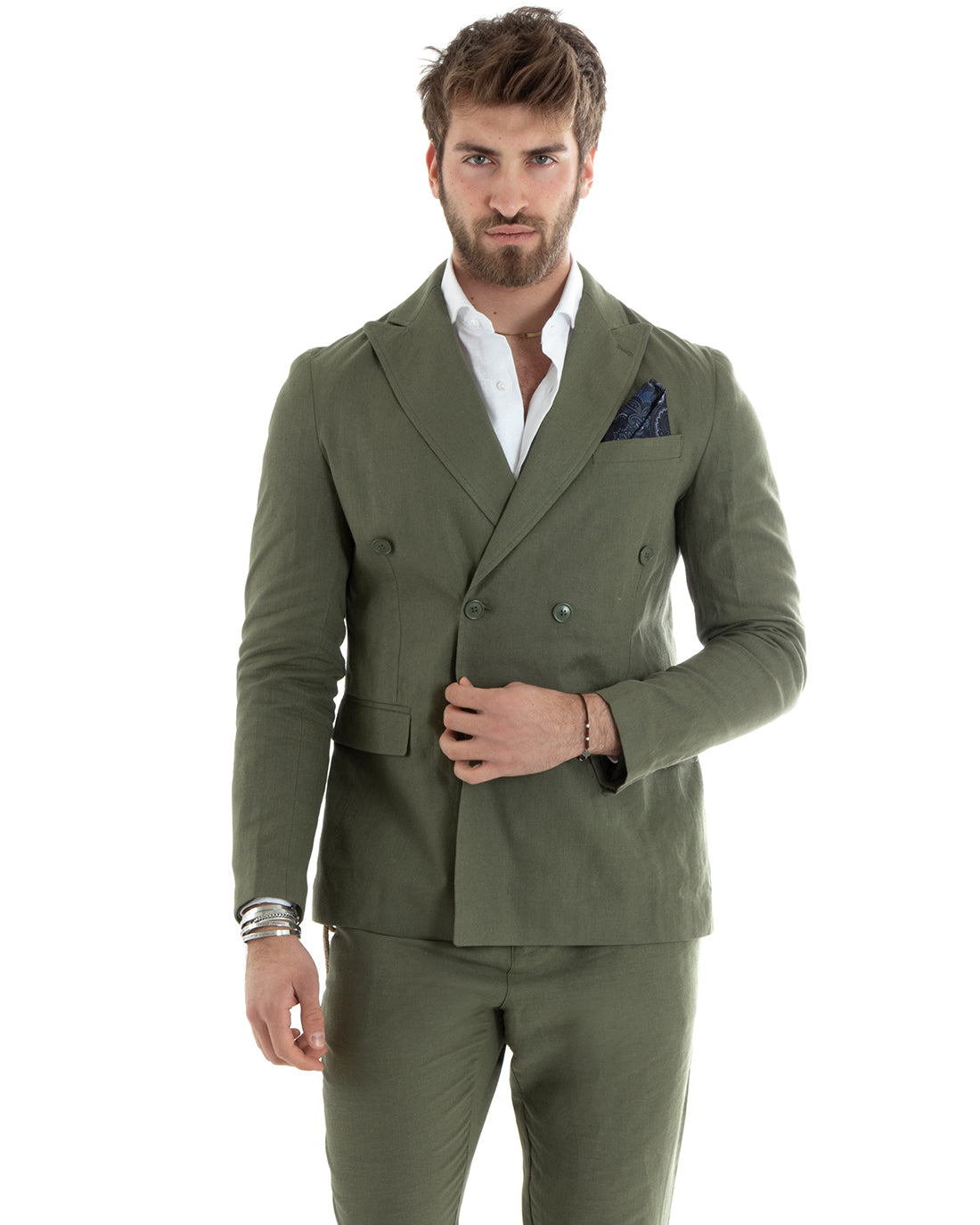 Abito Uomo Doppiopetto Completo Lino Sartoriale Giacca Pantaloni Tinta Unita Verde GIOSAL-OU2330A