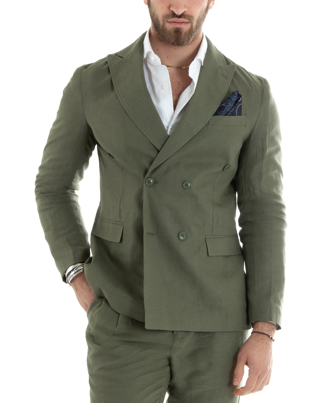 Abito Uomo Doppiopetto Completo Lino Sartoriale Giacca Pantaloni Tinta Unita Verde GIOSAL-OU2330A