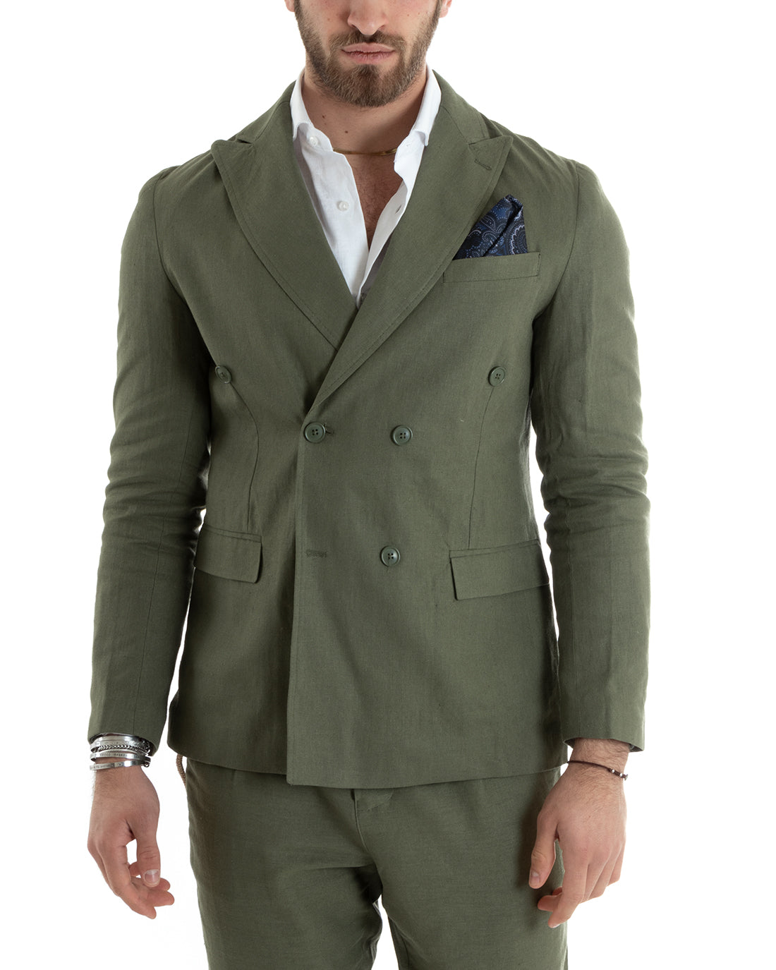 Abito Uomo Doppiopetto Completo Lino Sartoriale Giacca Pantaloni Tinta Unita Verde GIOSAL-OU2330A