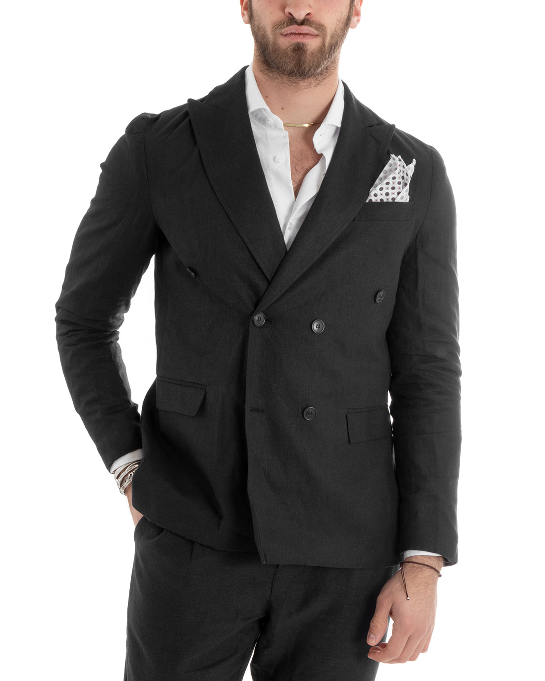 Abito Uomo Doppiopetto Completo Lino Sartoriale Giacca Pantaloni Tinta Unita Nero GIOSAL-OU2332A