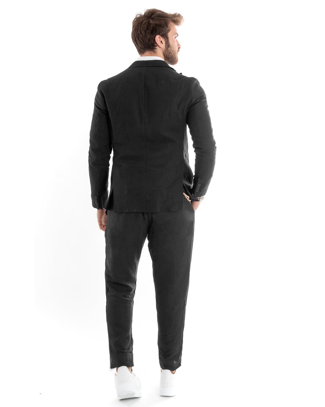 Abito Uomo Doppiopetto Completo Lino Sartoriale Giacca Pantaloni Tinta Unita Nero GIOSAL-OU2332A