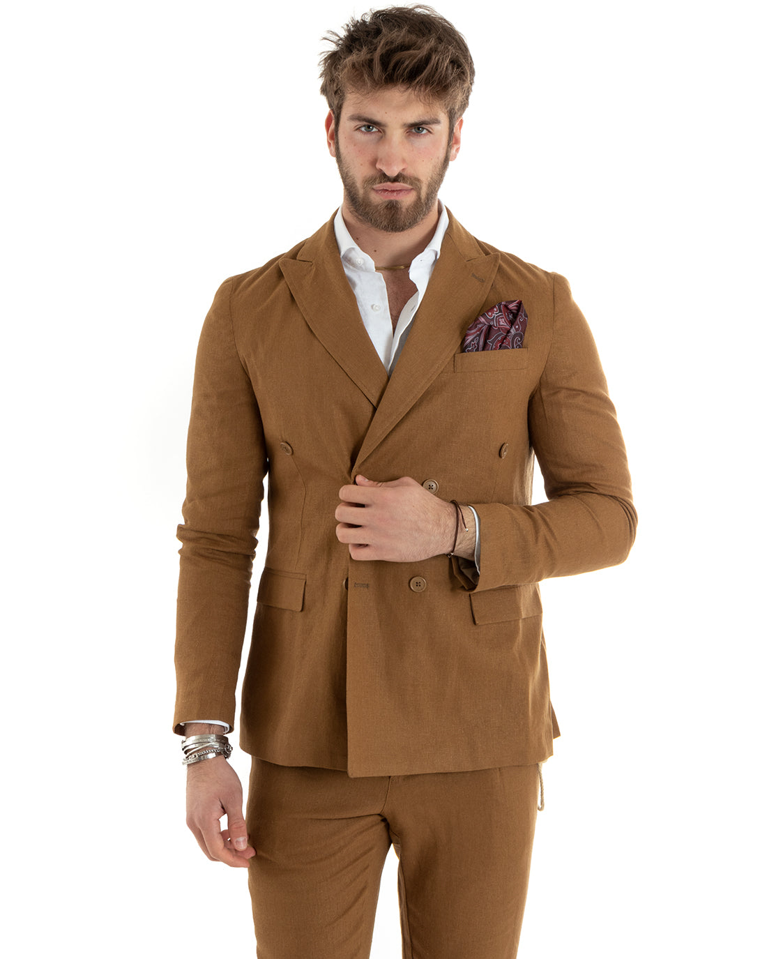 Abito Uomo Doppiopetto Completo Lino Sartoriale Giacca Pantaloni Tinta Unita Camel GIOSAL-OU2334A