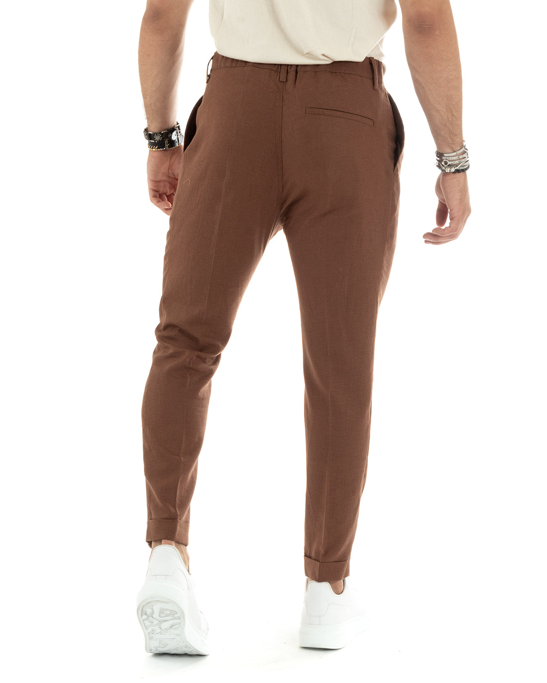 Abito Uomo Completo Lino Giacca Sahariana Pantaloni Tinta Unita Tabacco Casual GIOSAL-OU2337A