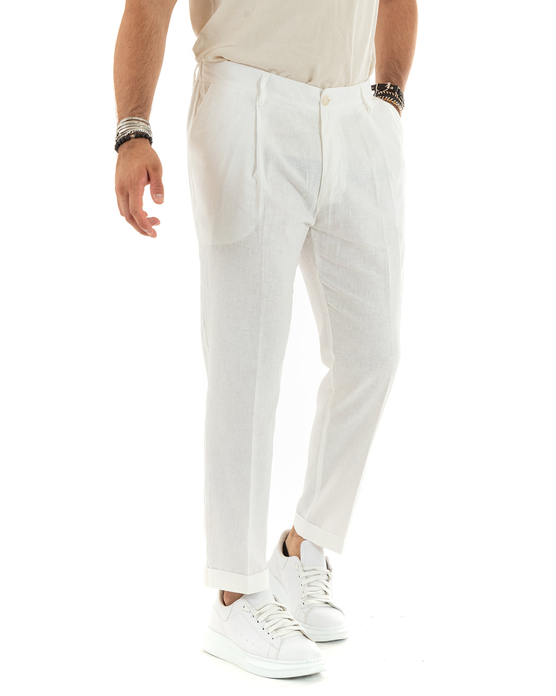 Abito Uomo Completo Lino Giacca Sahariana Pantaloni Tinta Unita Bianco Casual GIOSAL-OU2338A