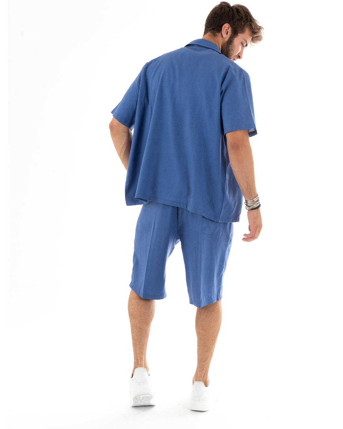 Completo Set Coordinato Uomo Lino Camicia Con Colletto Bermuda Outfit Blu Royal GIOSAL-OU2345A