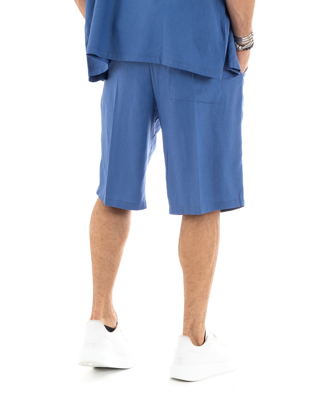 Completo Set Coordinato Uomo Lino Camicia Con Colletto Bermuda Outfit Blu Royal GIOSAL-OU2345A