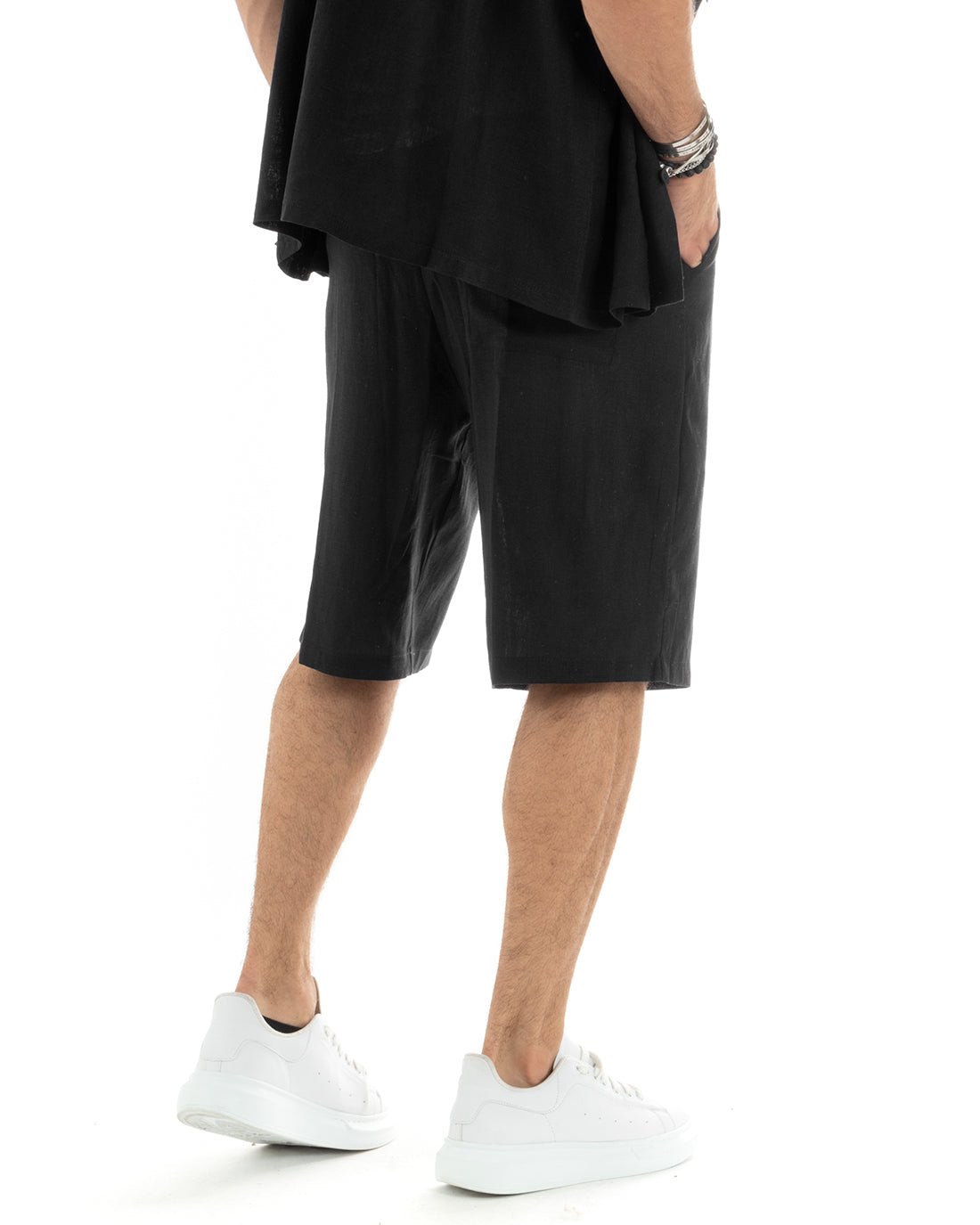 Completo Set Coordinato Uomo Lino Camicia Con Colletto Bermuda Outfit Nero GIOSAL-OU2348A