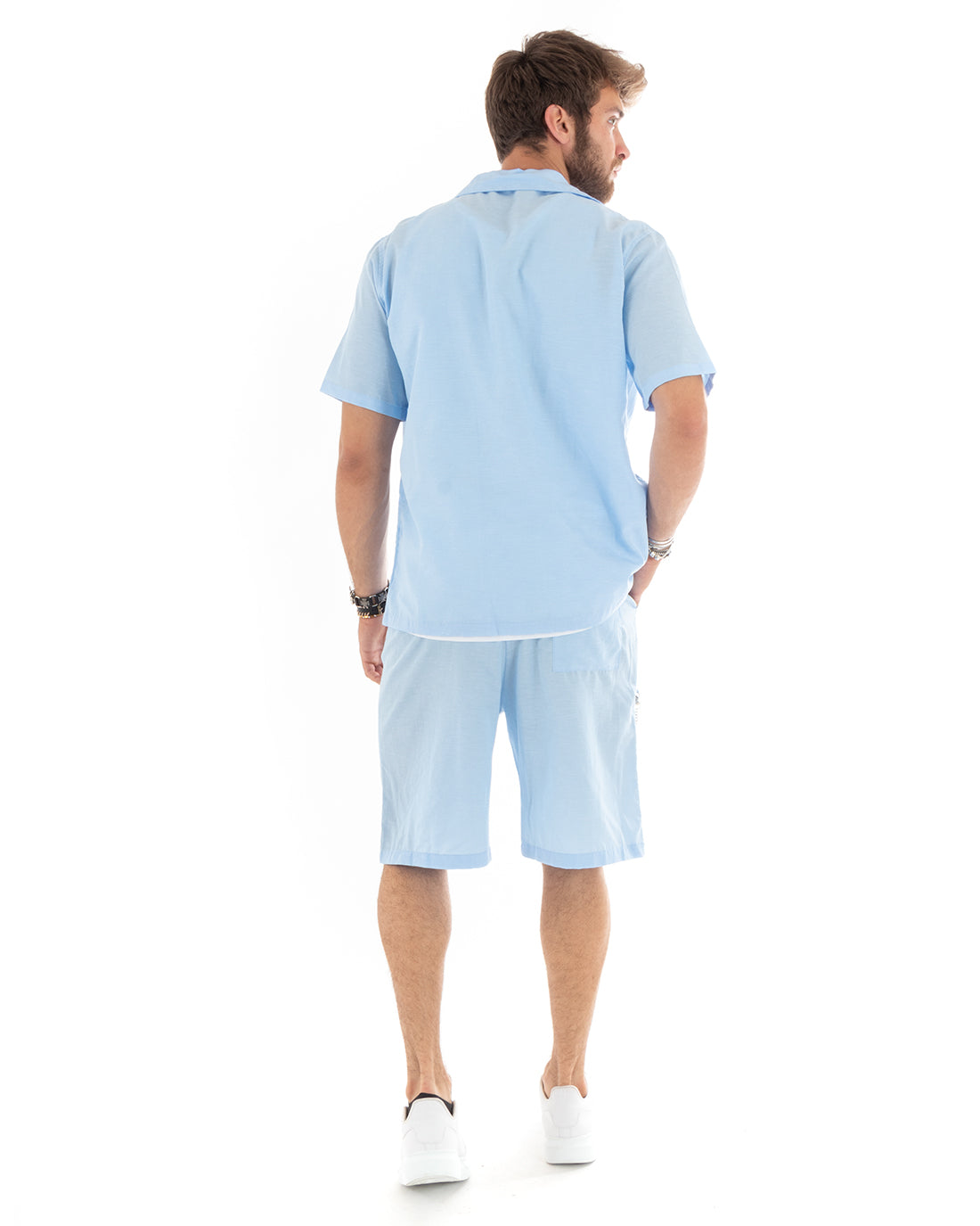 Completo Set Coordinato Uomo Viscosa Camicia Con Colletto Bermuda Outfit Celeste GIOSAL-OU2354A