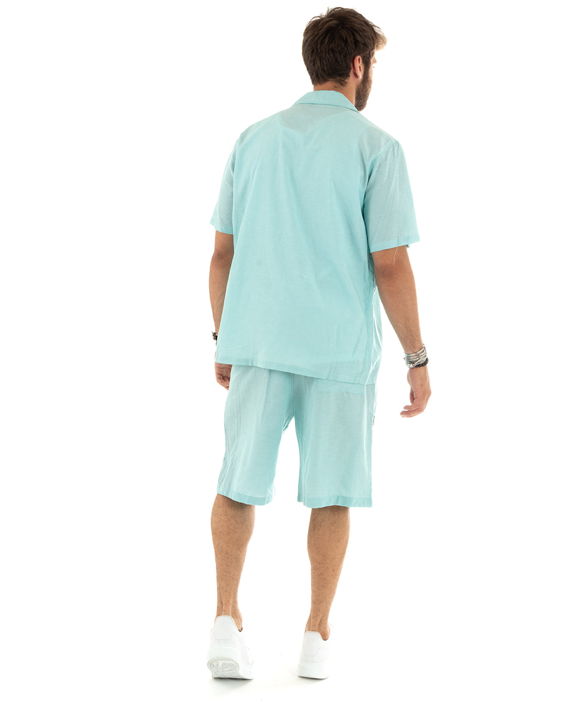 Completo Set Coordinato Uomo Viscosa Camicia Con Colletto Bermuda Outfit Verde Acqua GIOSAL-OU2355A