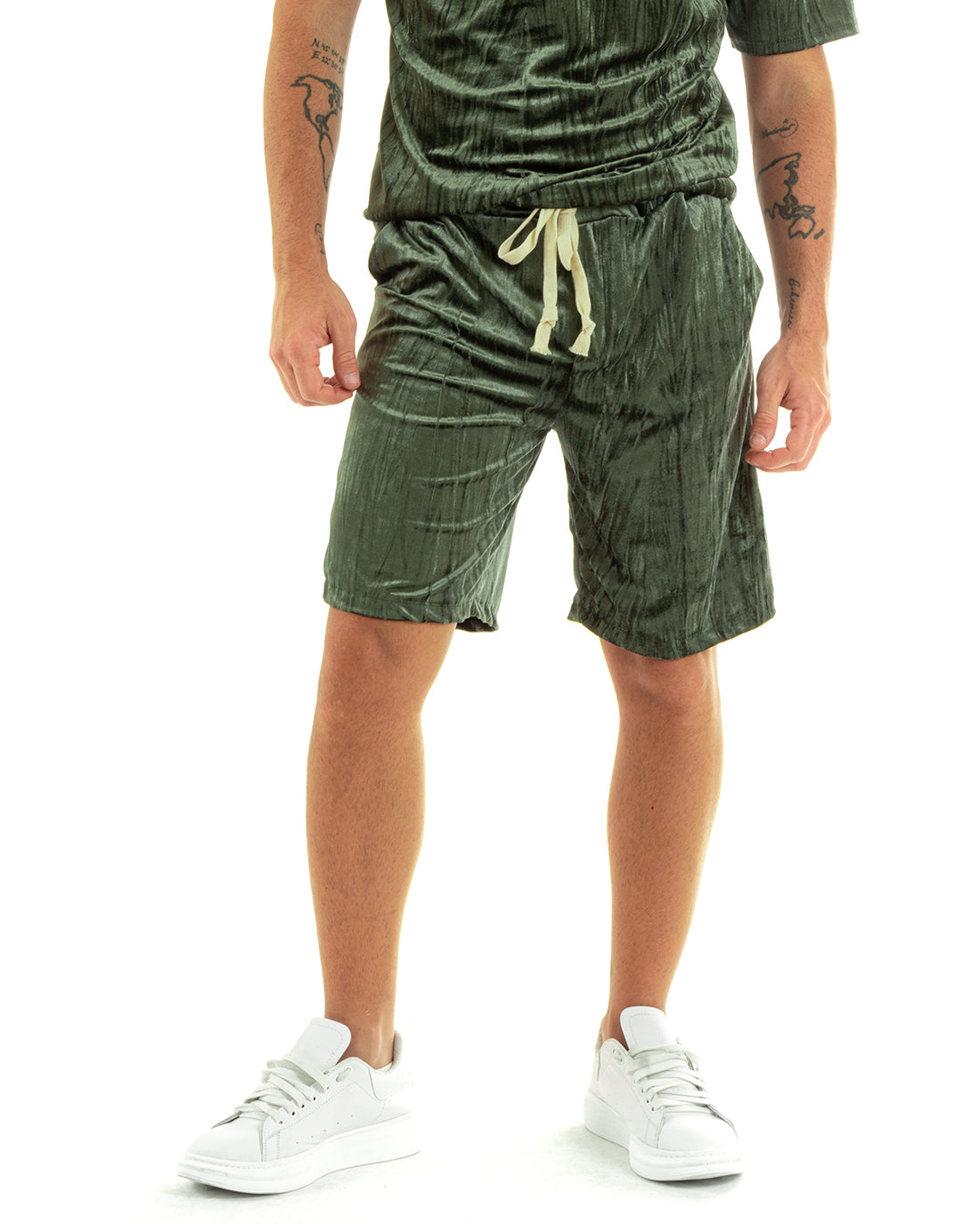 Completo Set Coordinato Uomo Ciniglia T-Shirt Bermuda Outfit Verde GIOSAL-OU2361A