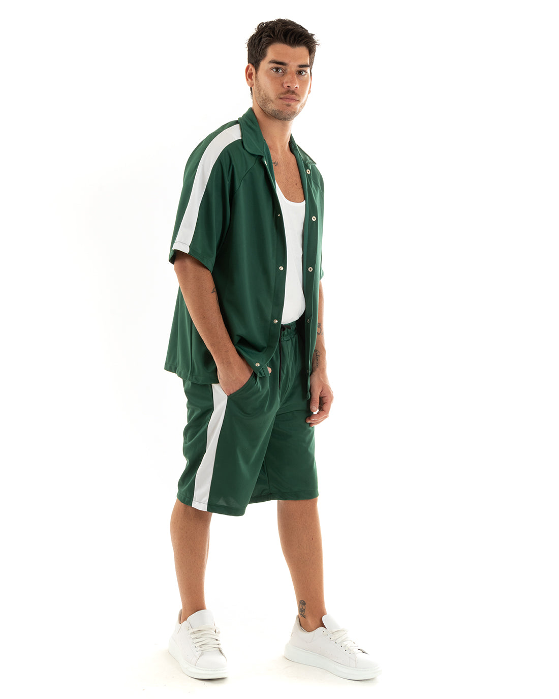 Completo Set Coordinato Uomo Viscosa Camicia Con Colletto Bermuda Outfit Verde GIOSAL-OU2364A