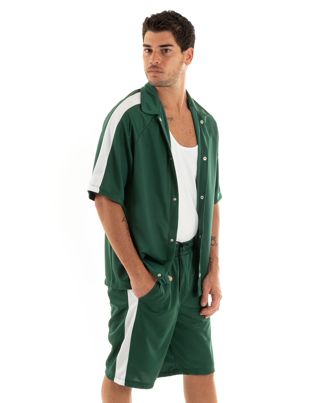 Completo Set Coordinato Uomo Viscosa Camicia Con Colletto Bermuda Outfit Verde GIOSAL-OU2364A