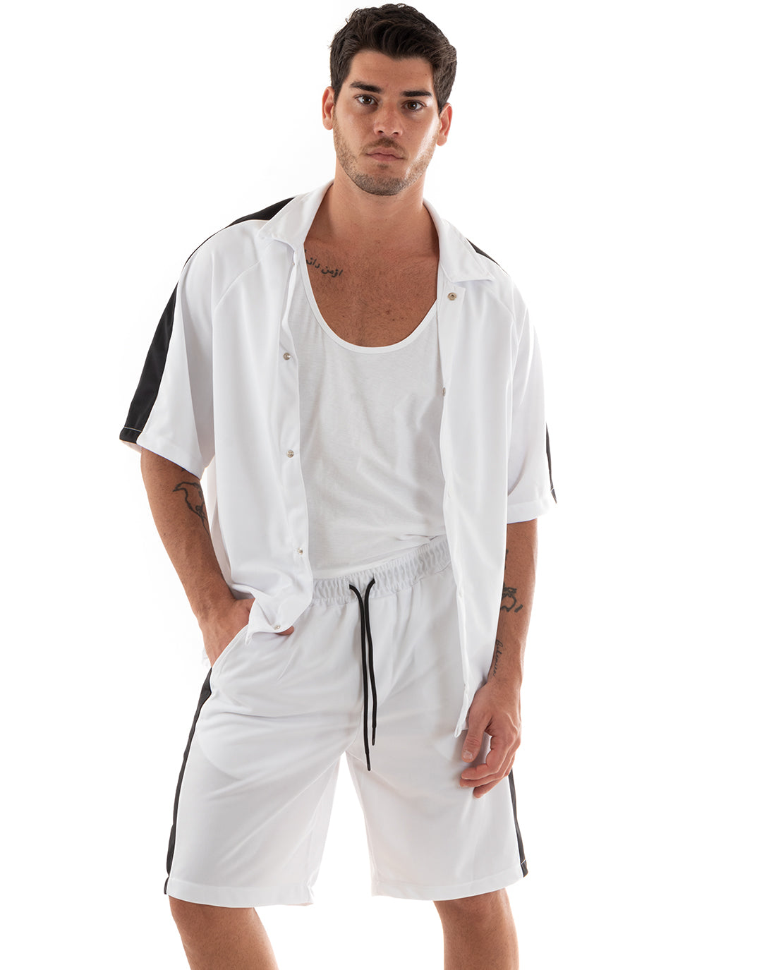 Completo Set Coordinato Uomo Viscosa Camicia Con Colletto Bermuda Outfit Bianco GIOSAL-OU2367A