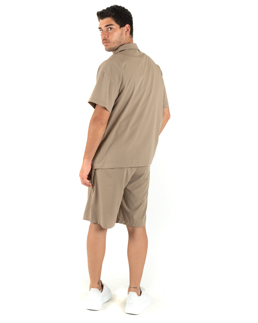Completo Set Coordinato Uomo Viscosa Camicia Con Colletto Bermuda Outfit Camel GIOSAL-OU2375A