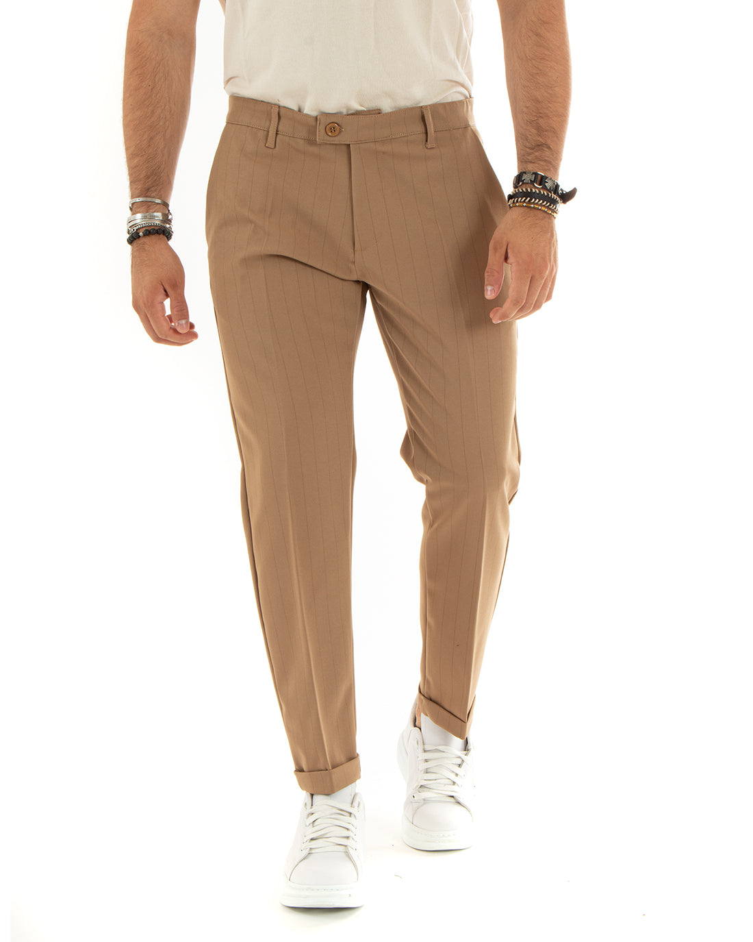 Abito Uomo Doppiopetto Vestito Viscosa Completo Giacca Pantaloni Camel Rigato Gessato Elegante Cerimonia GIOSAL-OU2380A