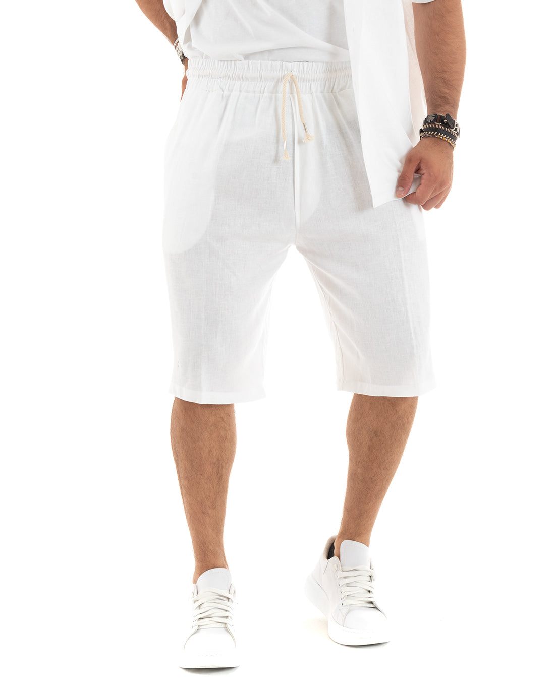 Completo Set Coordinato Uomo Lino Camicia Con Colletto Bermuda Outfit Bianco GIOSAL-OU2385A