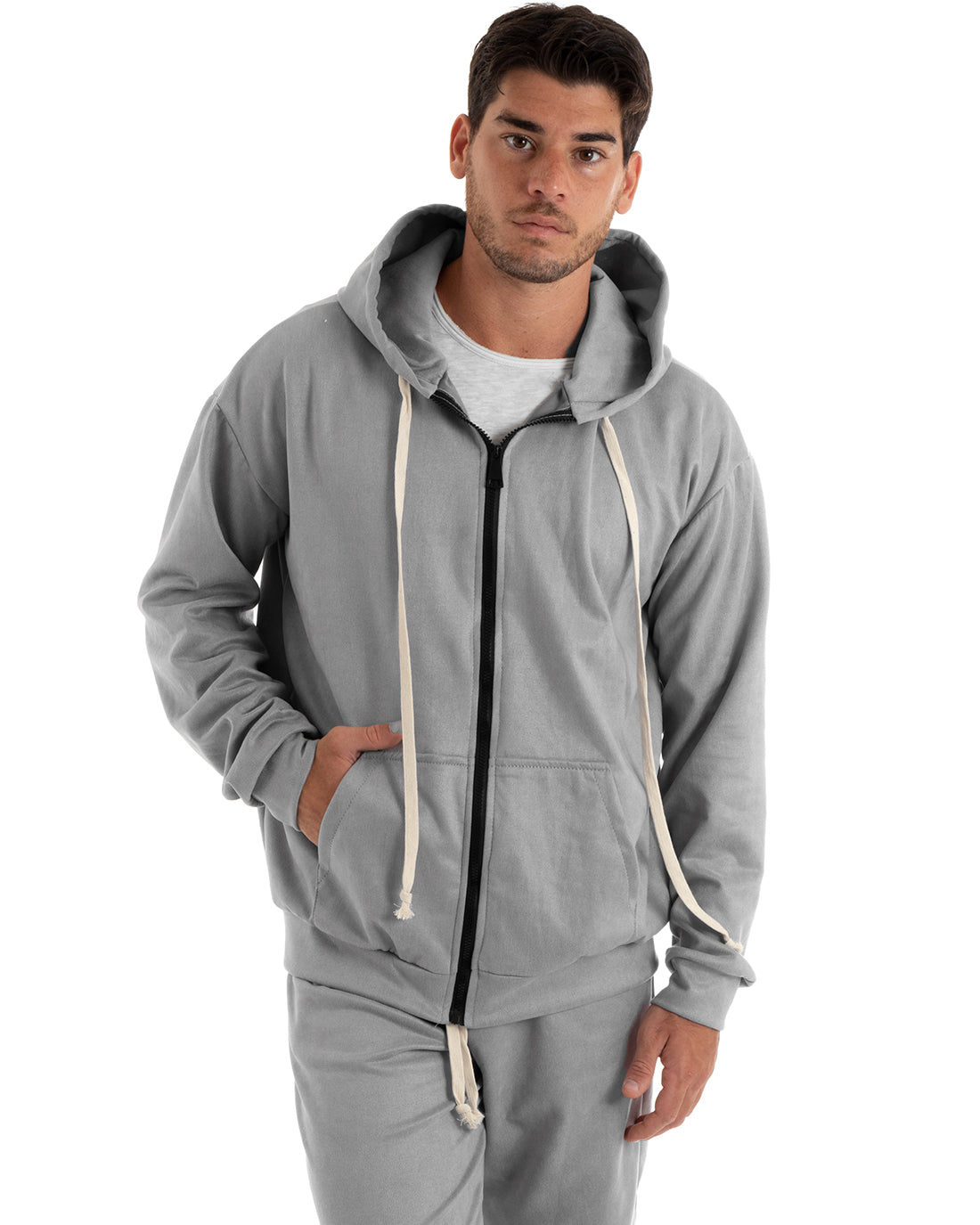 Completo Tuta Uomo Camoscio Felpa con Cappuccio e Zip Pantaloni con Coulisse Grigio Chiaro GIOSAL-OU2399A