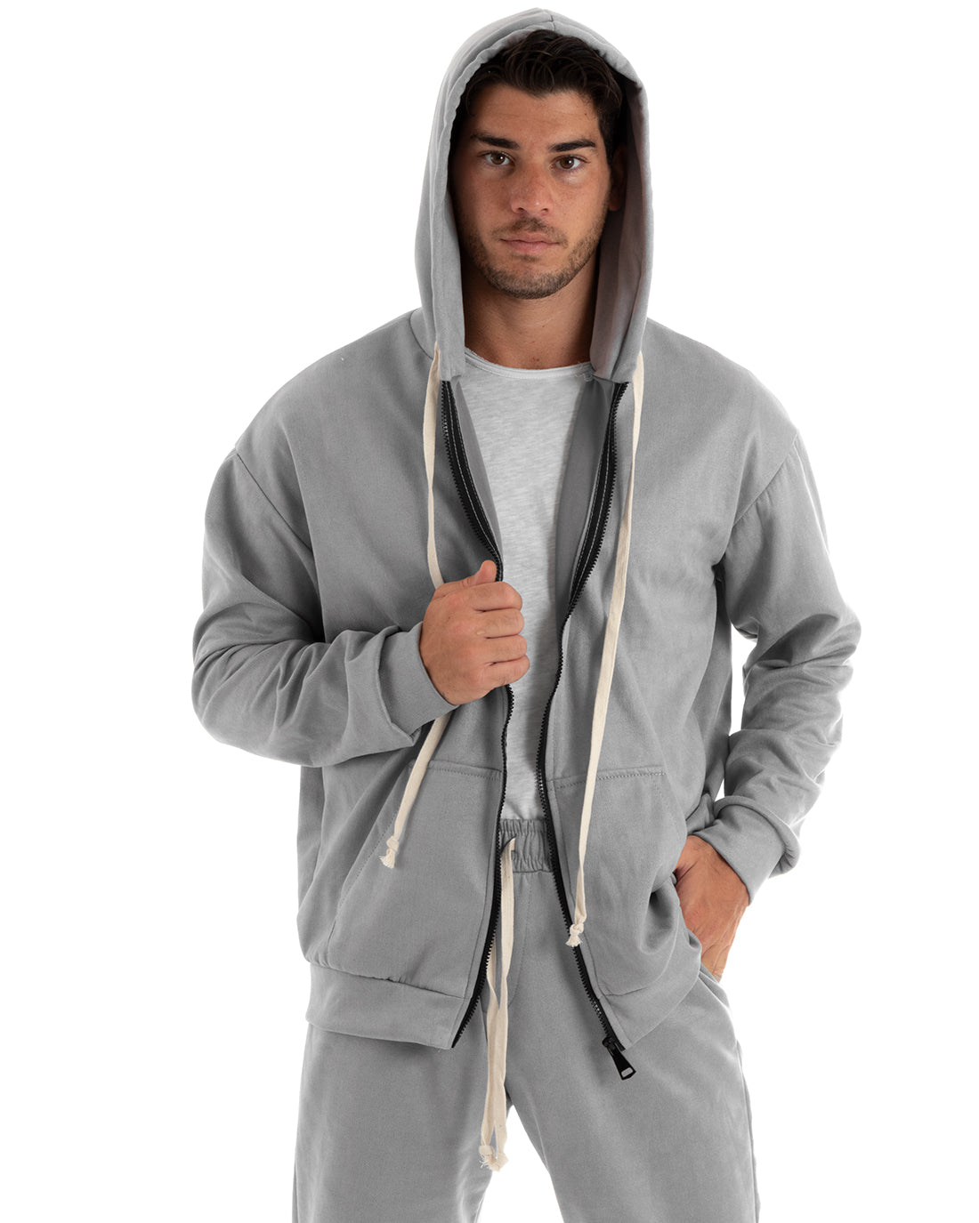 Completo Tuta Uomo Camoscio Felpa con Cappuccio e Zip Pantaloni con Coulisse Grigio Chiaro GIOSAL-OU2399A