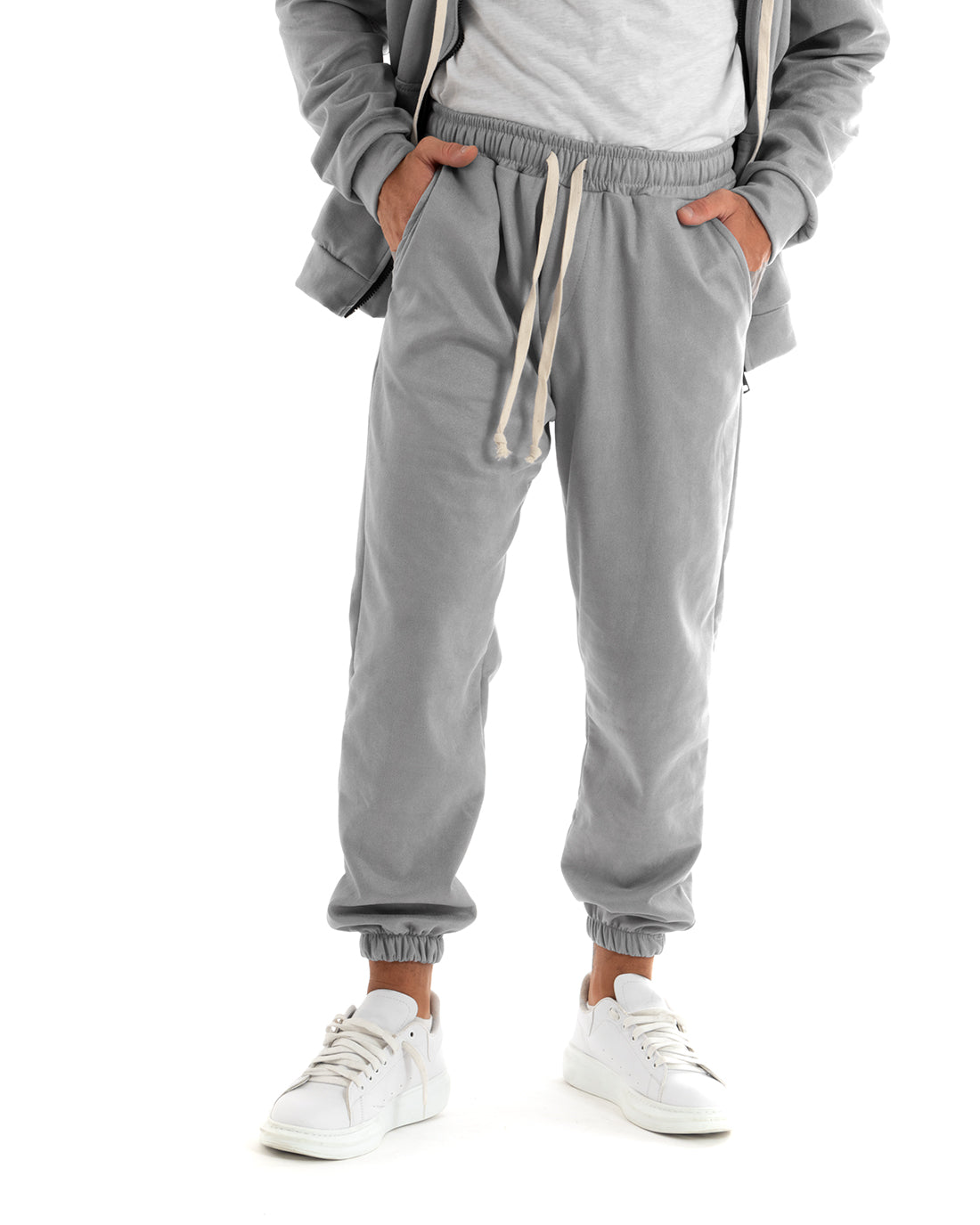 Completo Tuta Uomo Camoscio Felpa con Cappuccio e Zip Pantaloni con Coulisse Grigio Chiaro GIOSAL-OU2399A