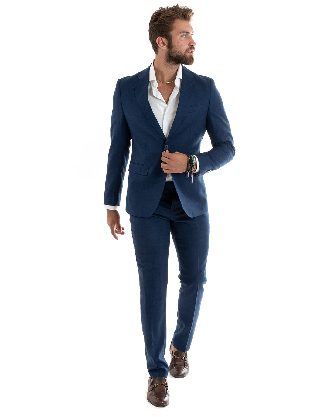 Abito Uomo Monopetto Vestito Completo Giacca Pantaloni Blu Melangiato Elegante Casual GIOSAL-OU2401A