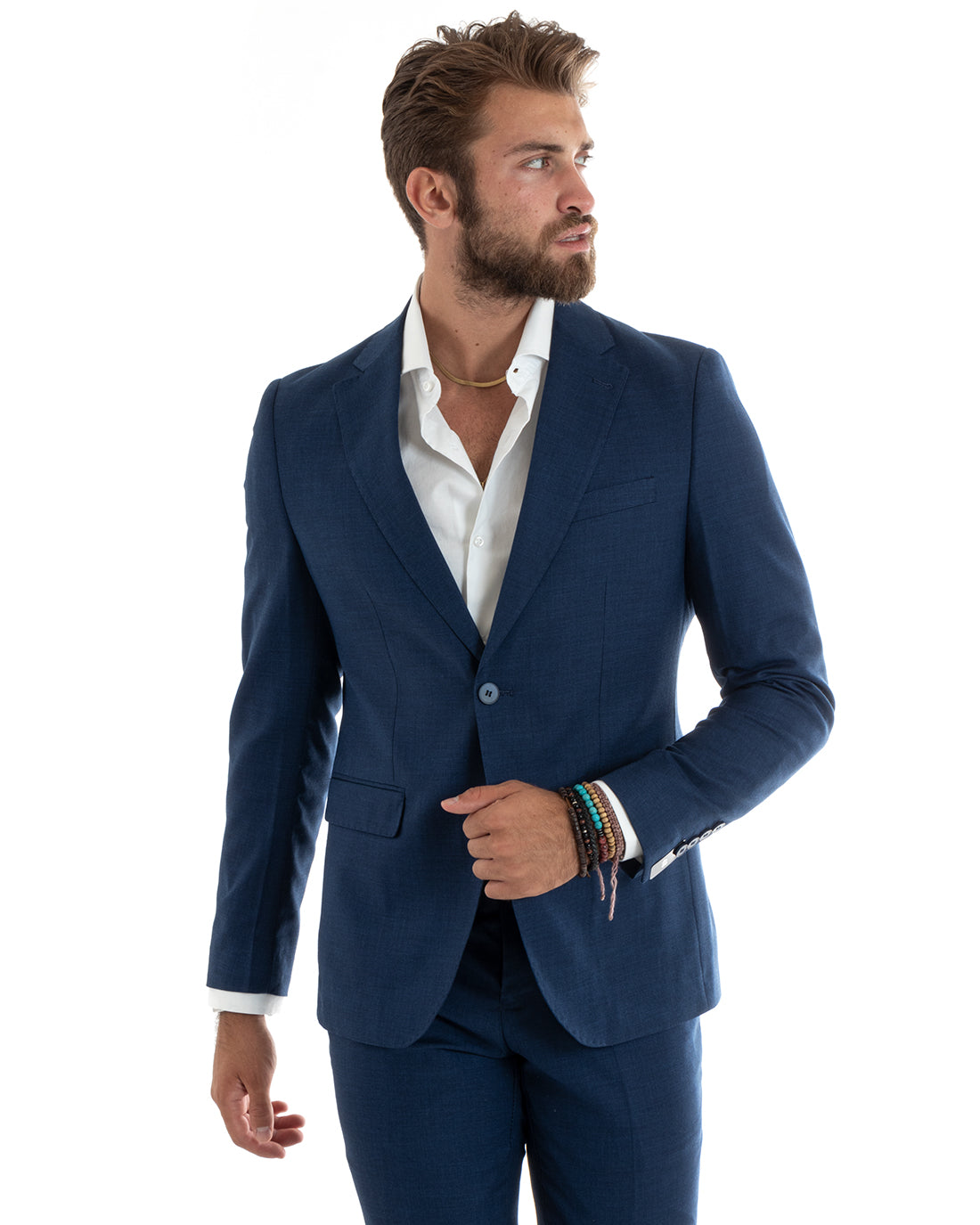 Abito Uomo Monopetto Vestito Completo Giacca Pantaloni Blu Melangiato Elegante Casual GIOSAL-OU2401A