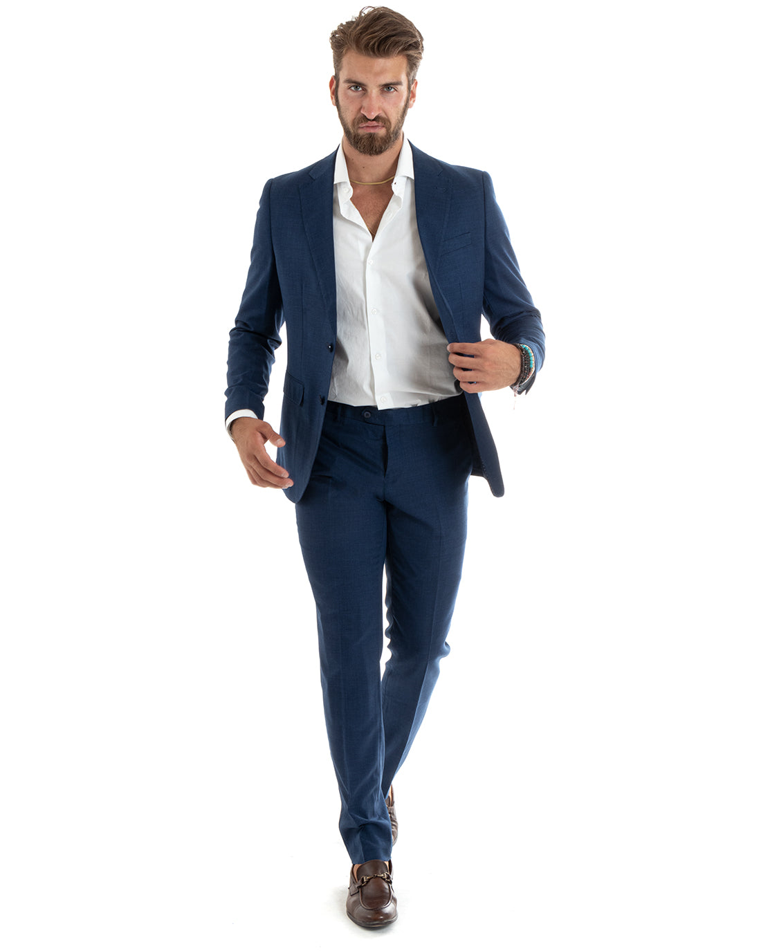 Abito Uomo Monopetto Vestito Completo Giacca Pantaloni Blu Melangiato Elegante Casual GIOSAL-OU2401A