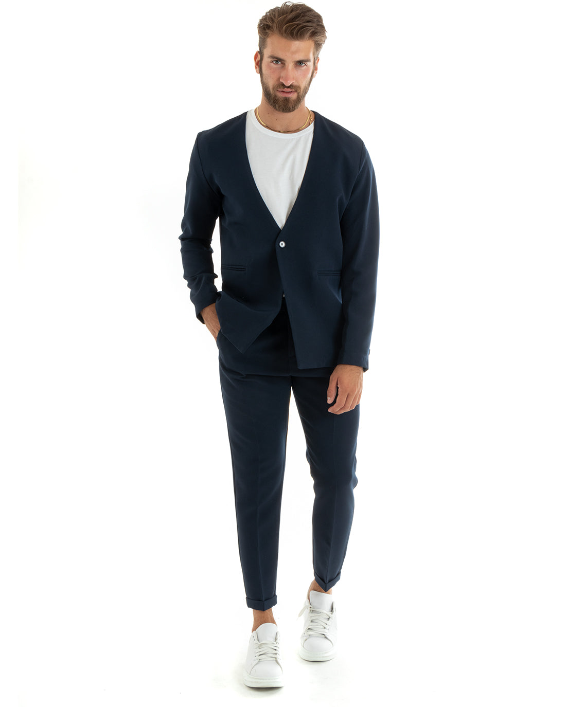 Abito Uomo Monopetto Vestito Viscosa Completo Giacca Pantaloni Blu Elegante Cerimonia GIOSAL-OU2406A