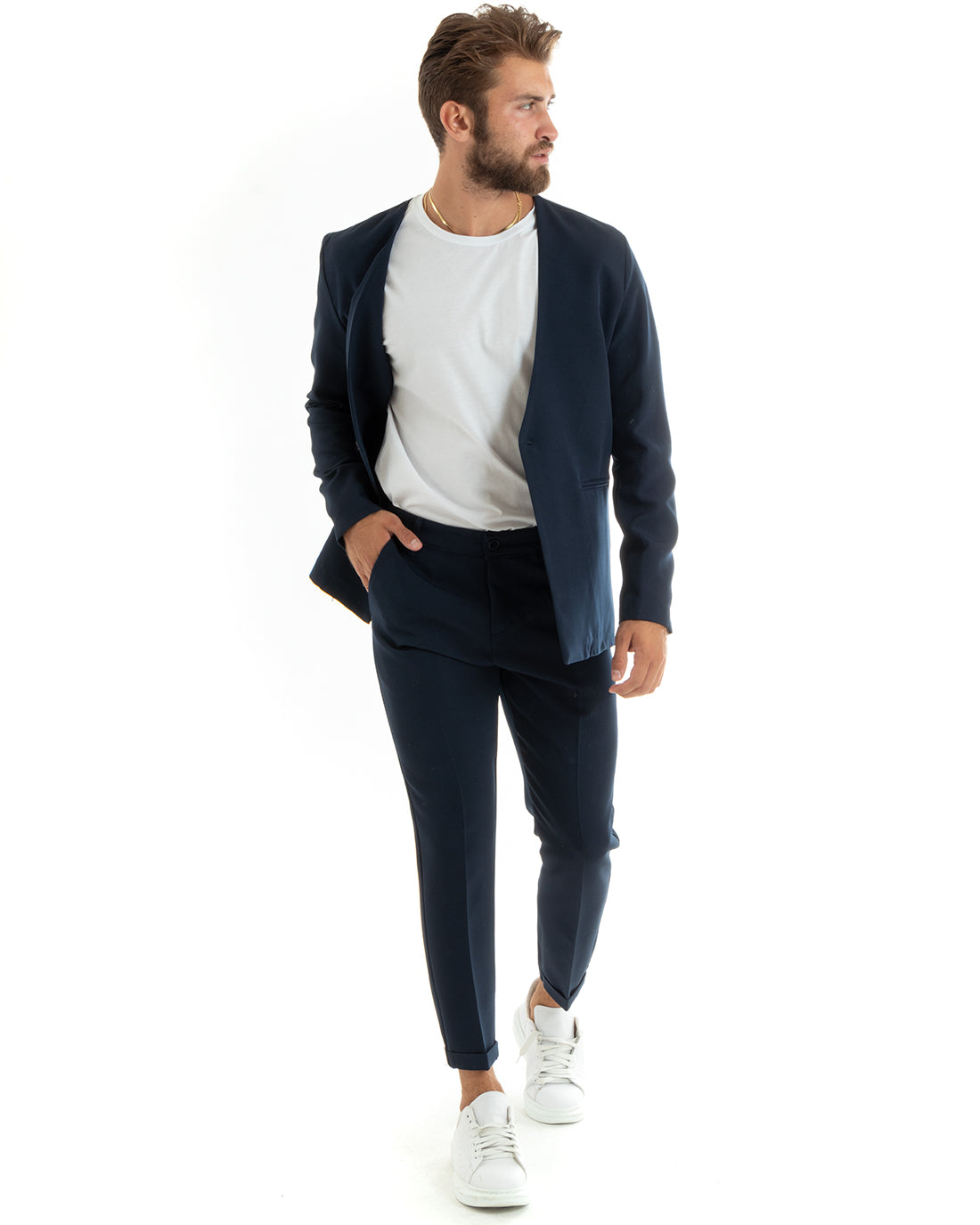 Abito Uomo Monopetto Vestito Viscosa Completo Giacca Pantaloni Blu Elegante Cerimonia GIOSAL-OU2406A