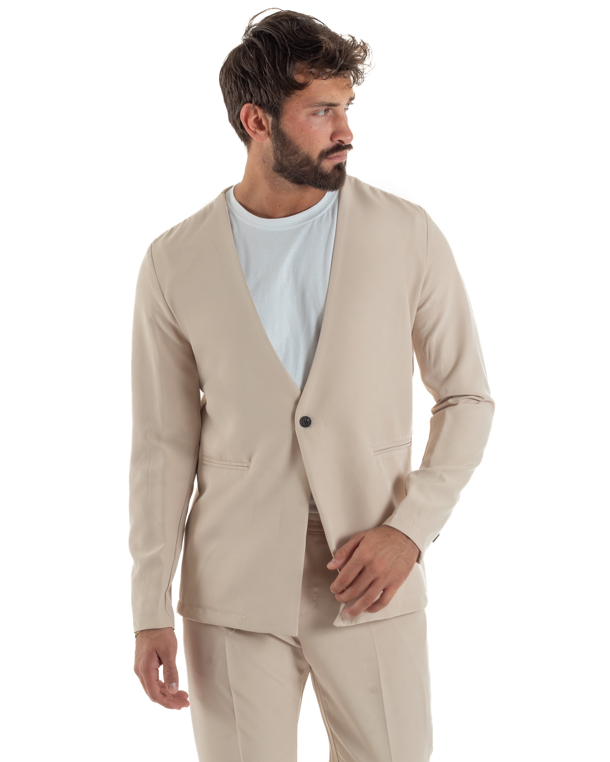 Abito Uomo Monopetto Vestito Viscosa Completo Giacca Pantaloni Beige GIOSAL-OU2409A